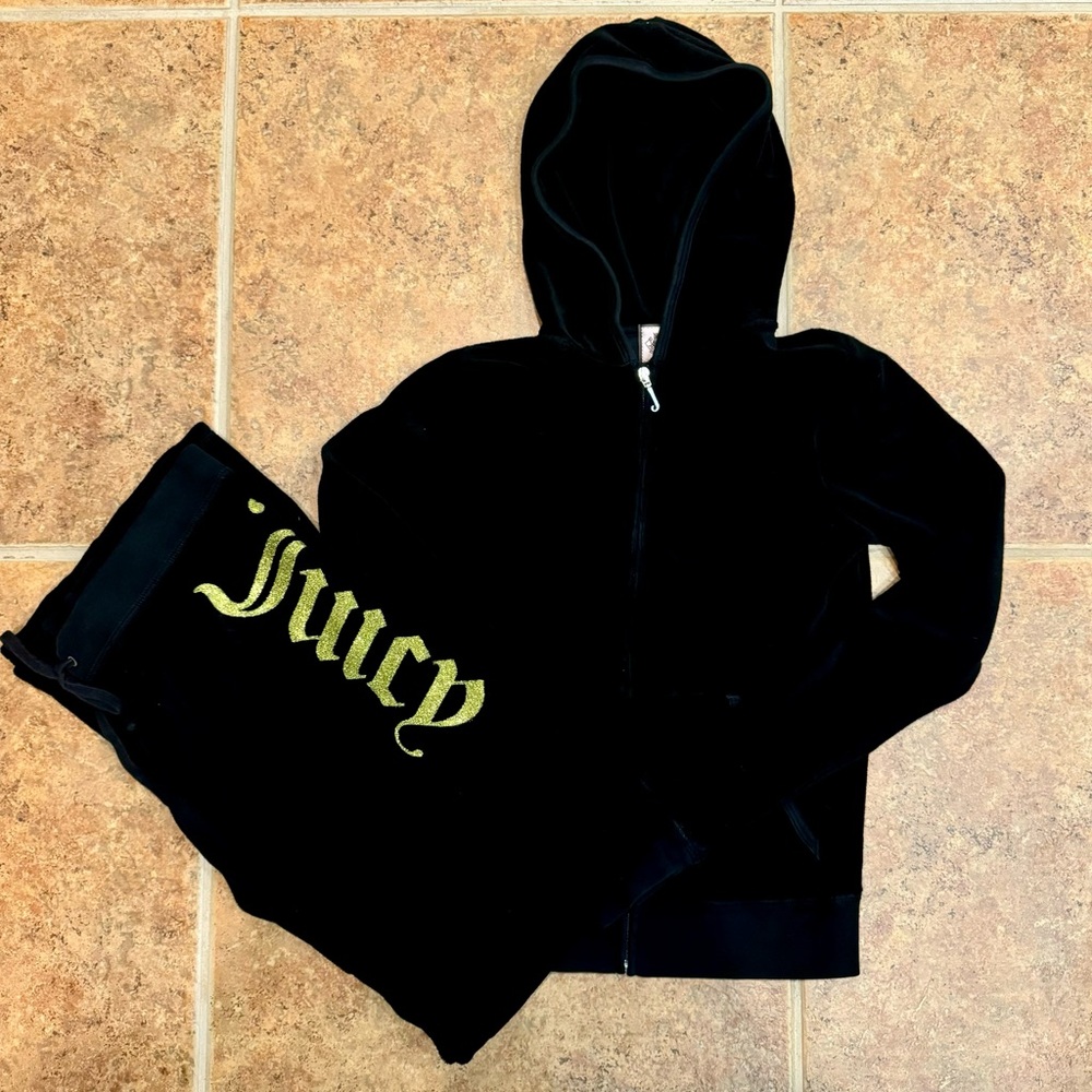 Juicy Couture Black & Gold Sparkle Terry Cloth Hoodie and Pants Set - Small